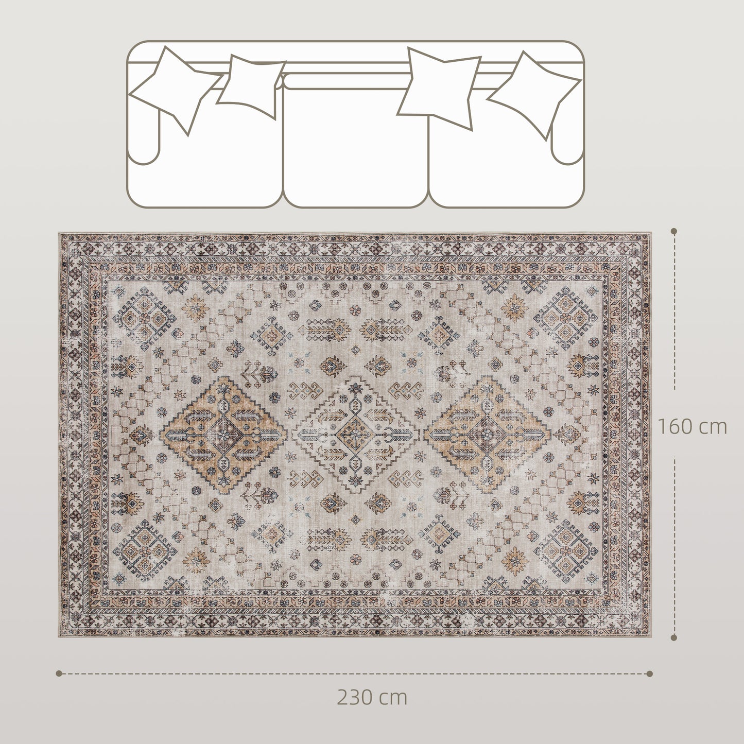 Vintage Retro Style Area Rug, Non-Slip Washable Rug, Flannel Floor Carpet for Living Room, Bedroom, Dining Room, Home Office, 230 x 160 cm, Beige