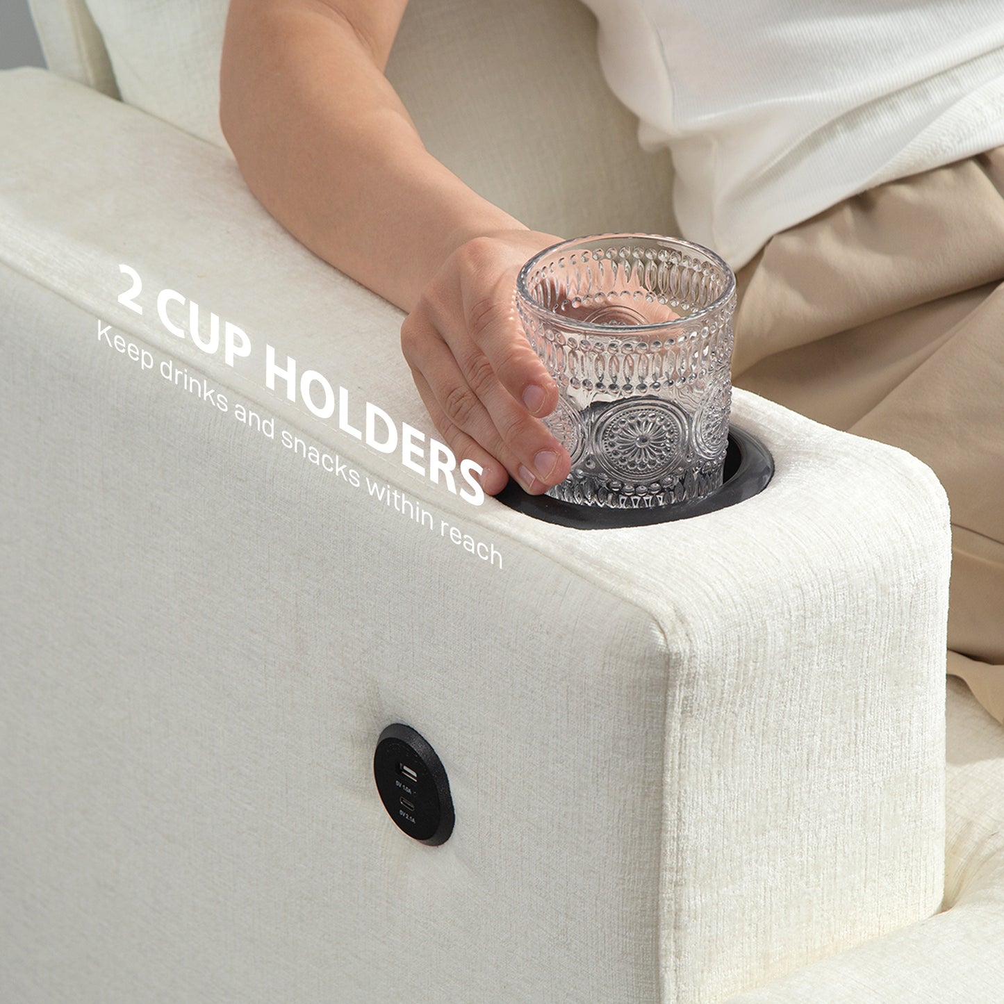 3 Seater Sofa with USB Ports & Cup Holders - Cream White / Grey