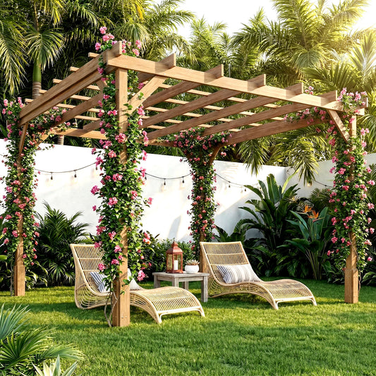 Outsunny 3 x 3 m Wooden Pergola Kit, Decorative Garden Gazebo Shelter with Stable Structure for Climbing Vines, Dark Brown