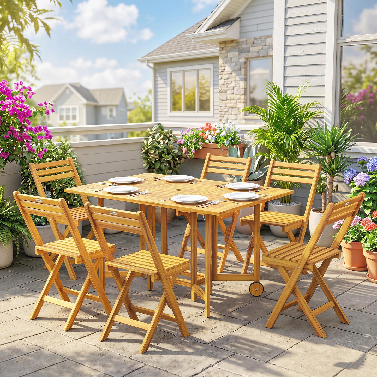 FSC Acacia 7-Piece Garden Dining Set | Extending Table | 6 Folding Chairs | Umbrella Hole | 130cm | Natural Wood