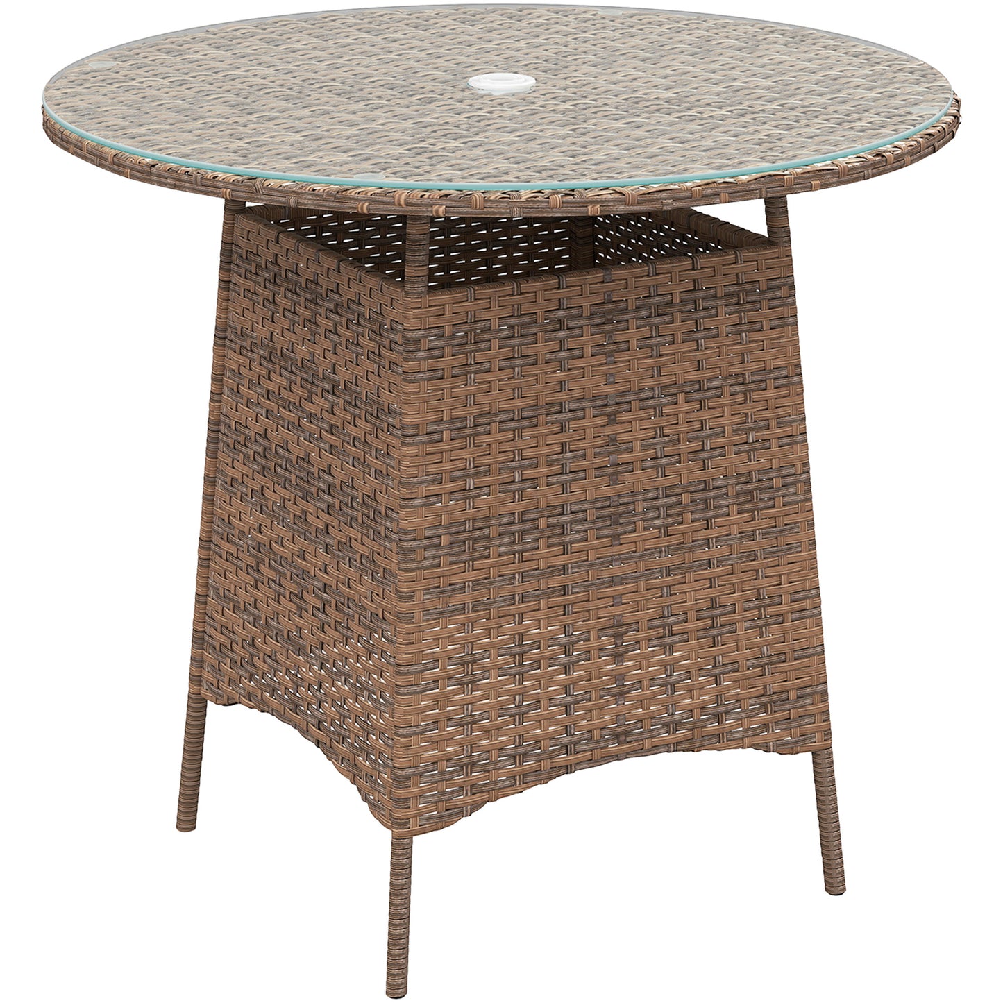 Outsunny Wicker Garden Rattan Table, Patio Furniture Outdoor Coffee Table with Umbrella Hole and Tempered Glass Top, Grey / Brown