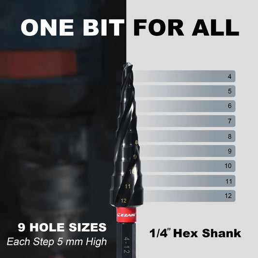 EZARC Step Drill Bit for Metal, 4-12Mm M35 Spiral Flute Unibit Step Drill Bit 1PC, Wear-Resistant Altin Coated Universal Bit