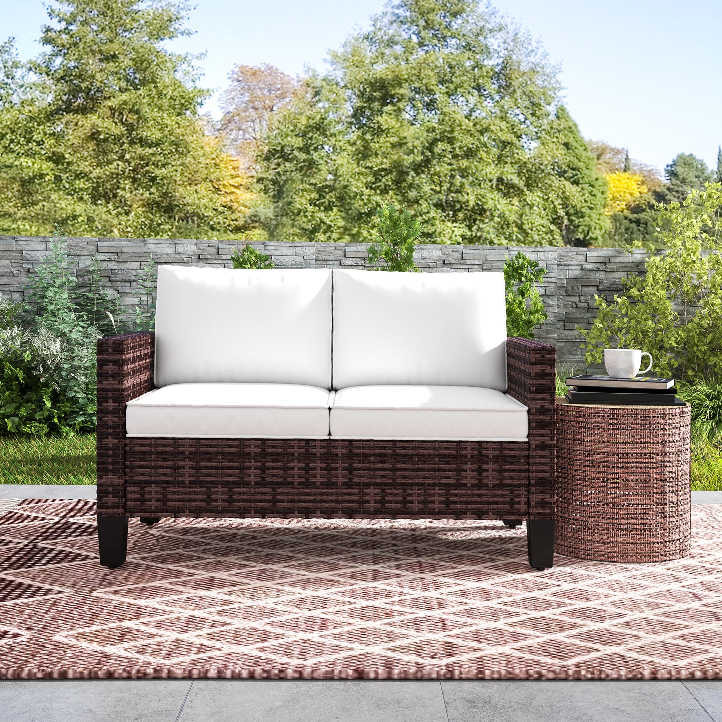 2-Seater Rattan Outdoor Sofa | 8cm Washable Cushions | Galvanised Steel Frame | Adjustable Feet | 240kg | Brown Rattan & Cream Cushions