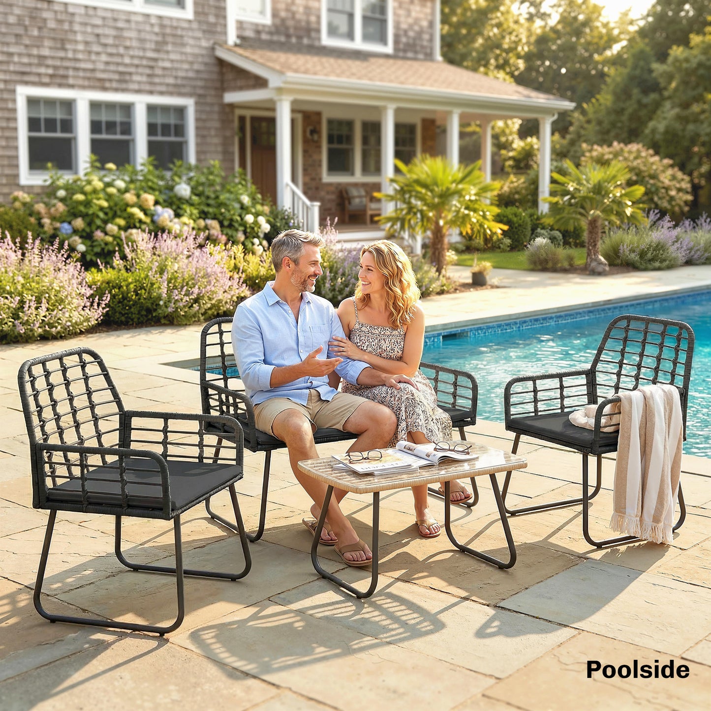 4 Piece Rattan Garden Furniture Set | Loveseat | 2 Armchairs | Coffee Table | Tempered Glass Top | PE Rattan & Metal Frame | High-Density Cushions | Washable Covers | Black