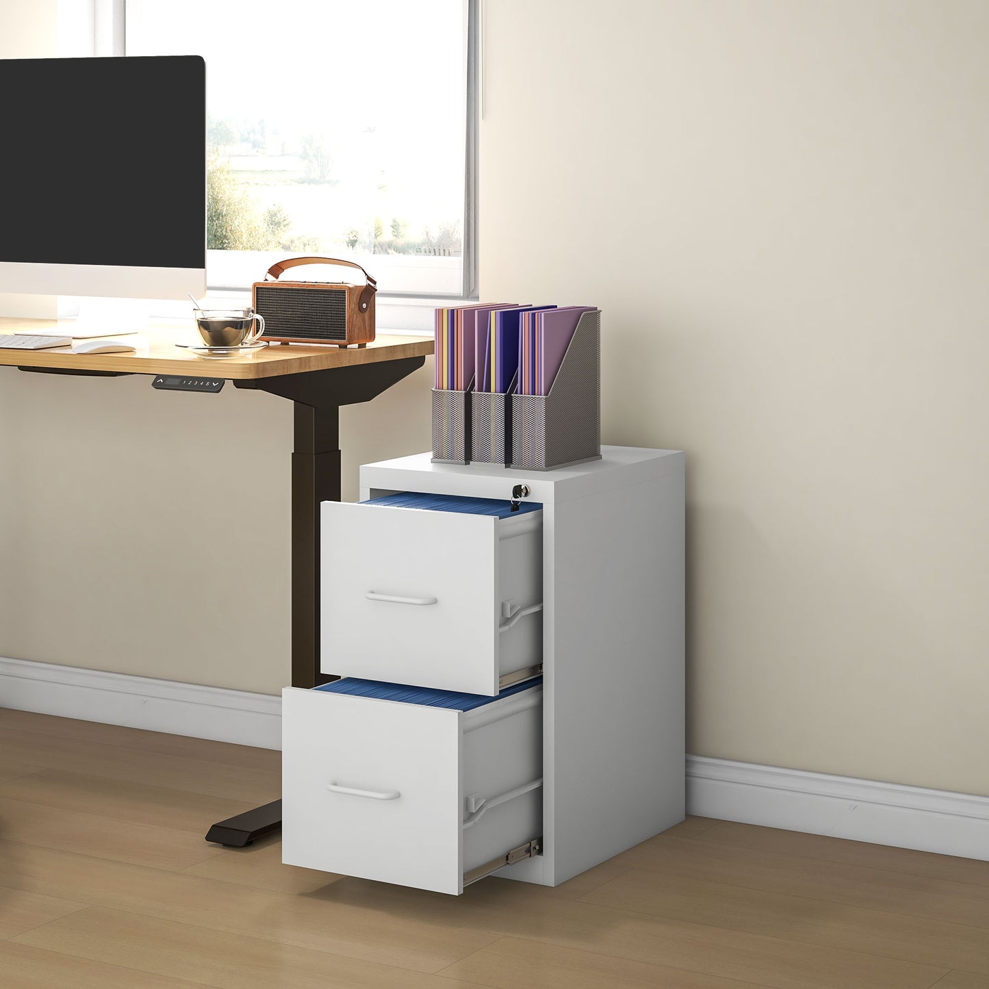 Two-Drawer Modern Steel Filing Cabinet Organiser Storage Unit Cabinet - White