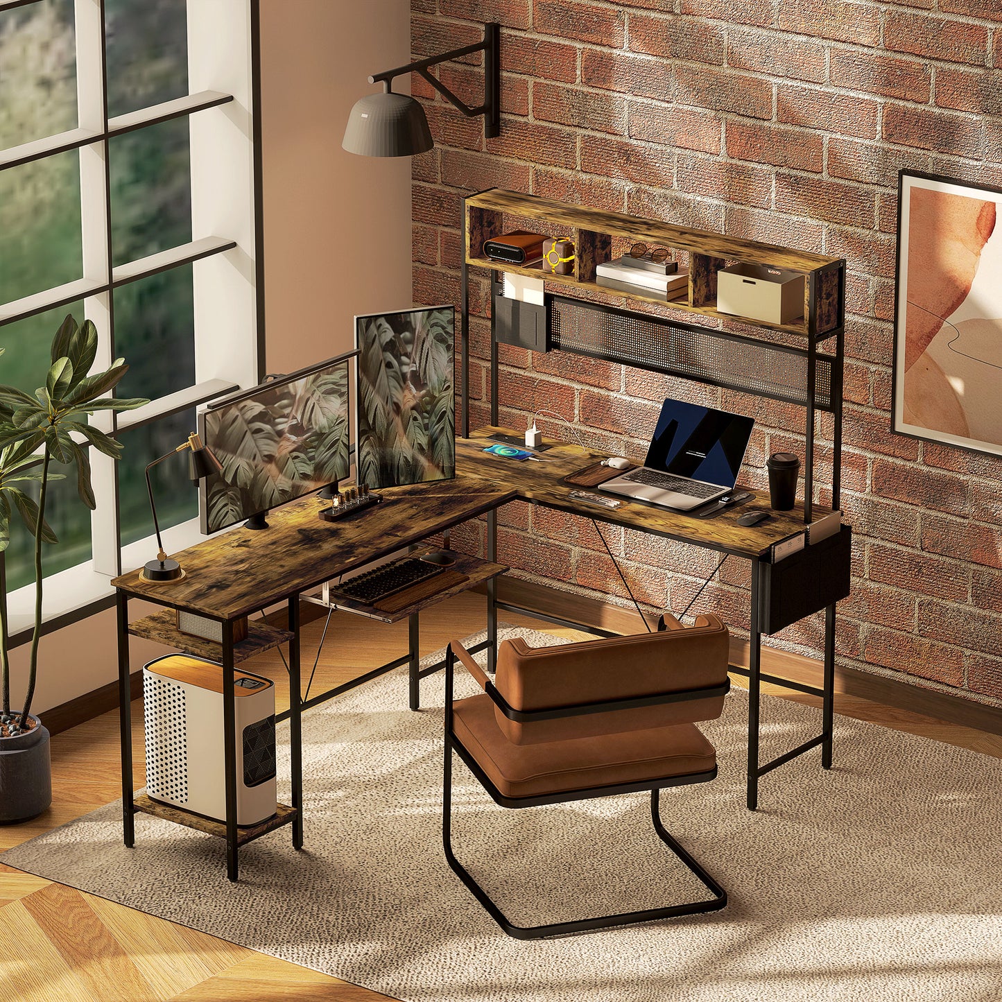 160cm Reversible L Shaped Desk with Power Outlet, Industrial Corner Desk with Storage Shelves and Keyboard Tray, 240cm Long For 2 Person
