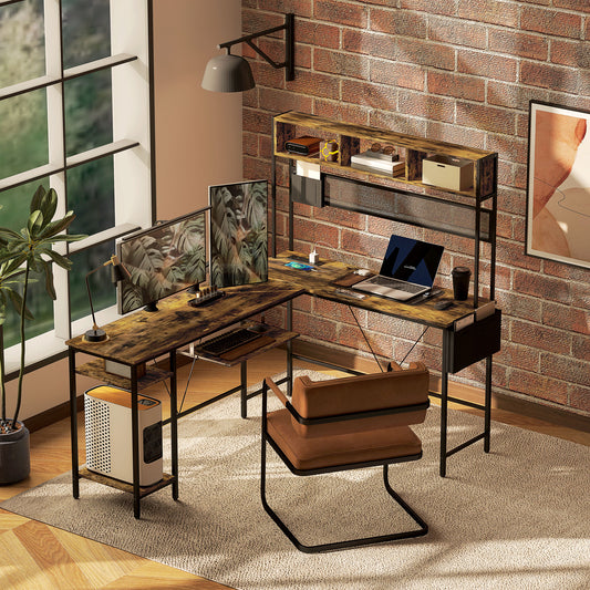 160cm Reversible L Shaped Desk with Power Outlet, Industrial Corner Desk with Storage Shelves and Keyboard Tray, 240cm Long For 2 Person