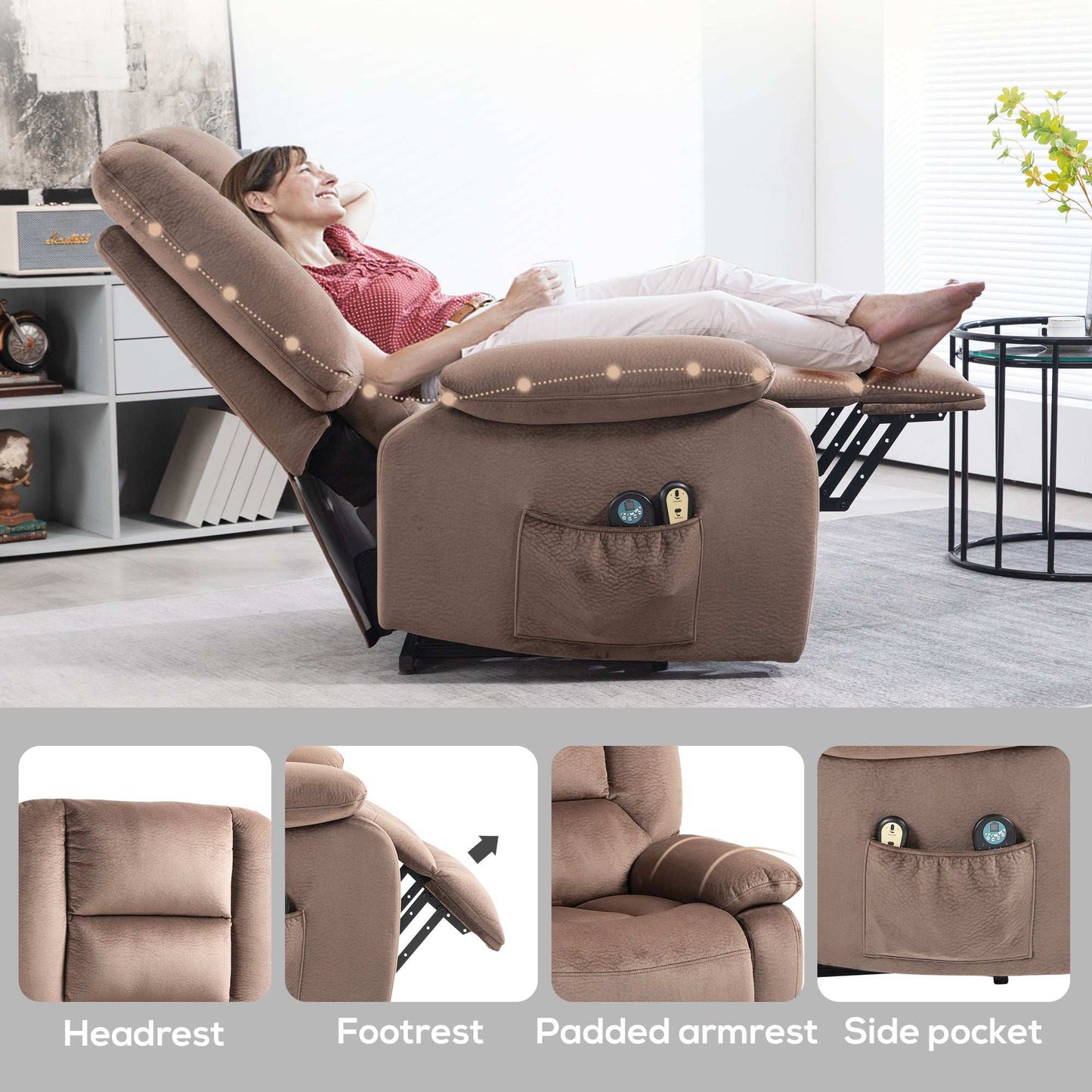 Electric Riser and Recliner Chair with Vibration Massage, Heat, Side Pocket, Brown
