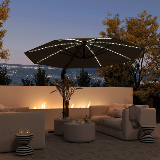 Outsunny 3(m) Cantilever Garden Parasol with Solar Powered Lights, Crank Handle & Cross Base, UPF 50+, 360° Rotation, Dark Grey