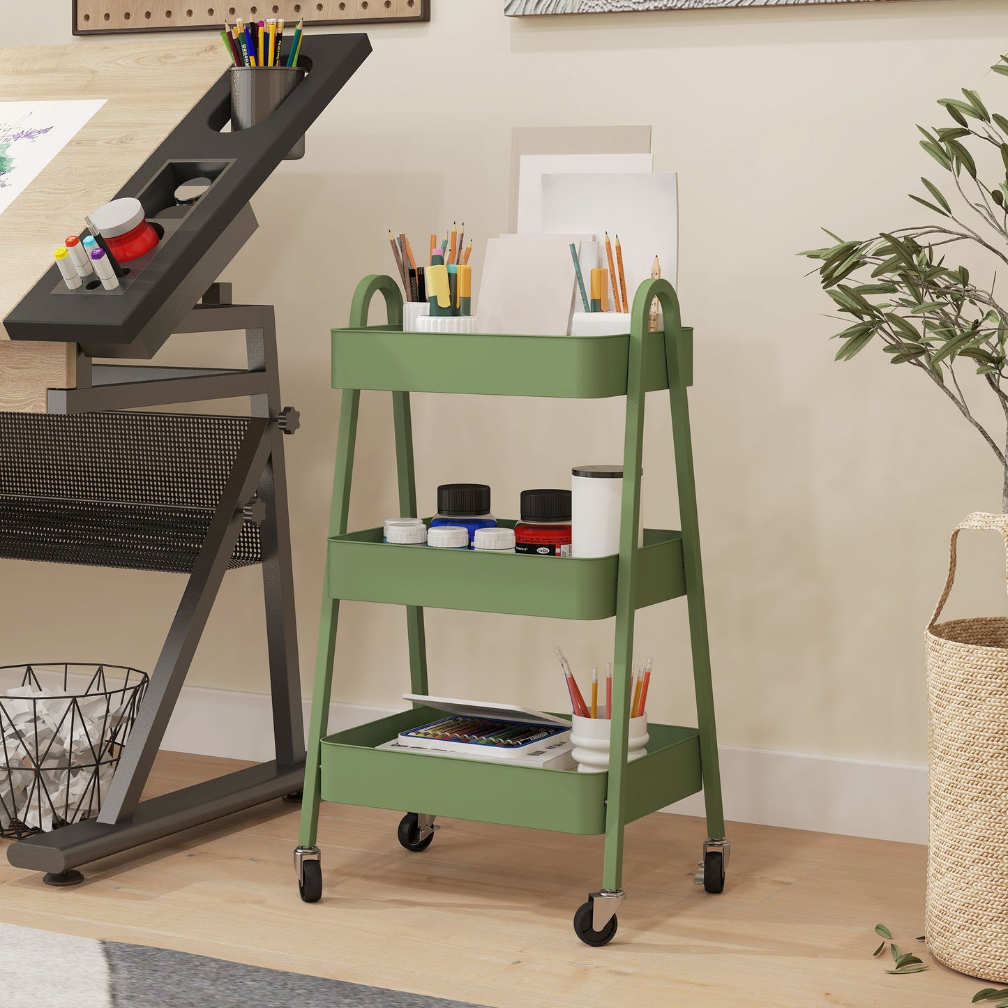 Three-Tier Storage Cart Trolley - Green / Pink