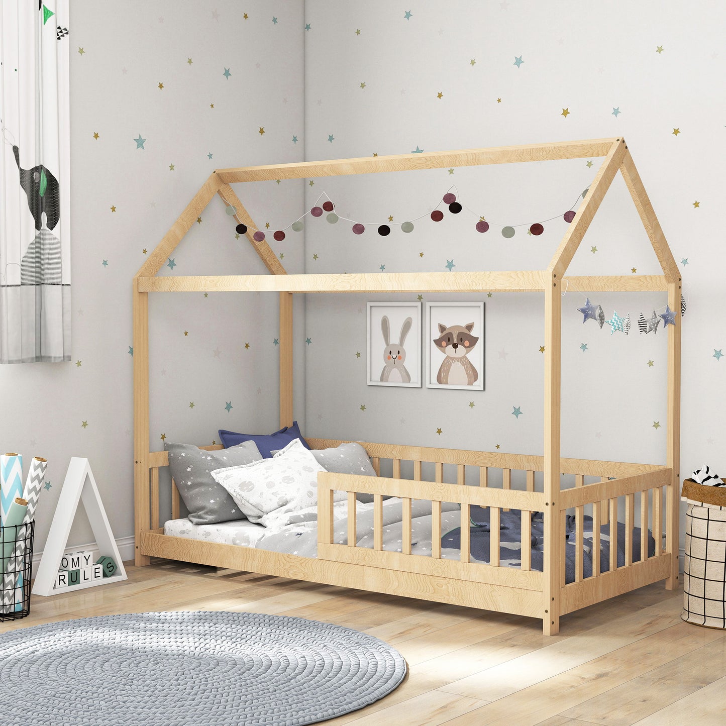 House-Shaped Kids Bed Frame with Guard Rails, Solid Pine Wood Single Bed Frame for Kids Boys and Girls, Natural