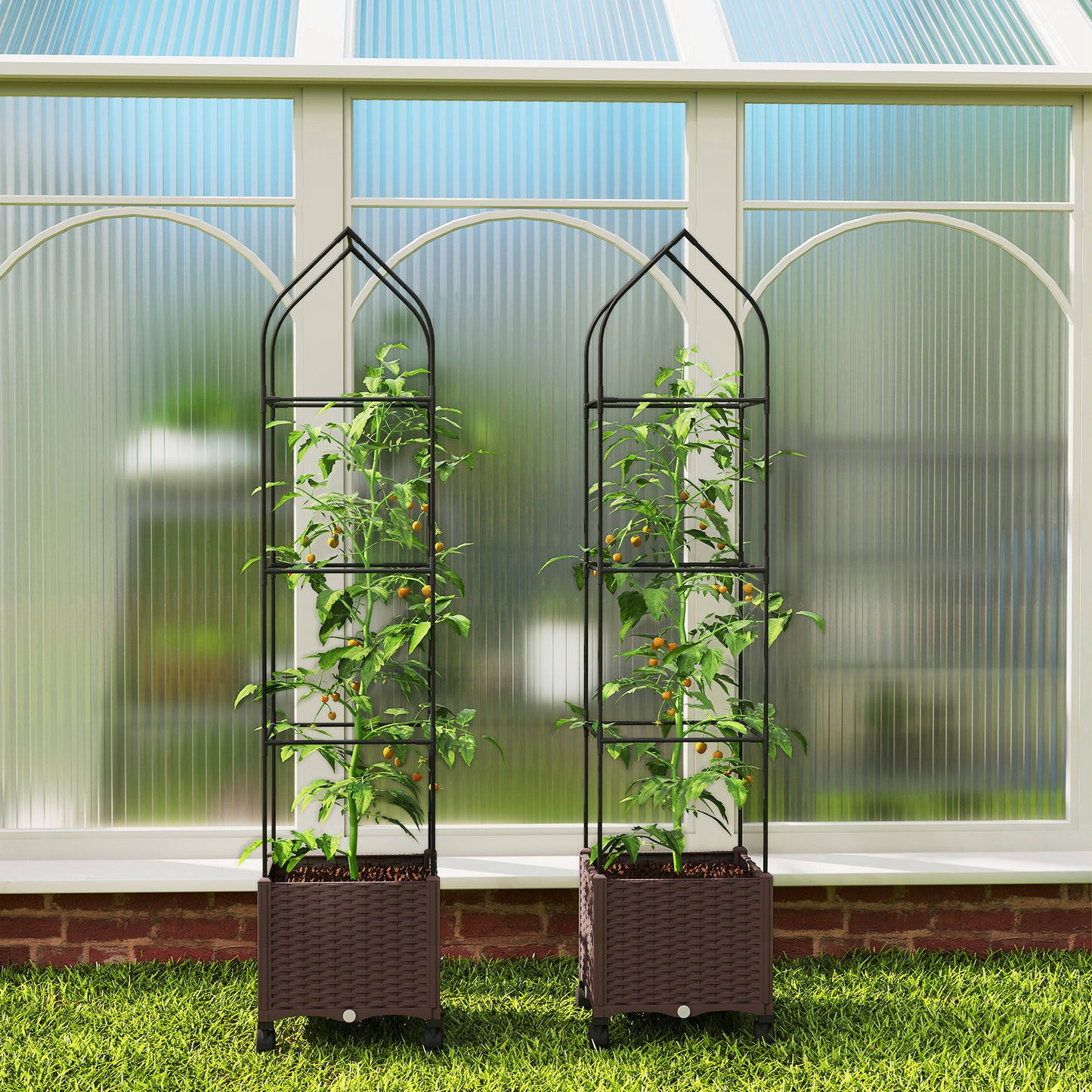 Raised Garden Bed with Adjustable Trellis & Tomato Cage | 4 Lockable Wheels | Bottom Water Tank | 4 Drainage Holes | 40L | Weather-Resistant PP | 40x40x182cm | 20kg | Brown