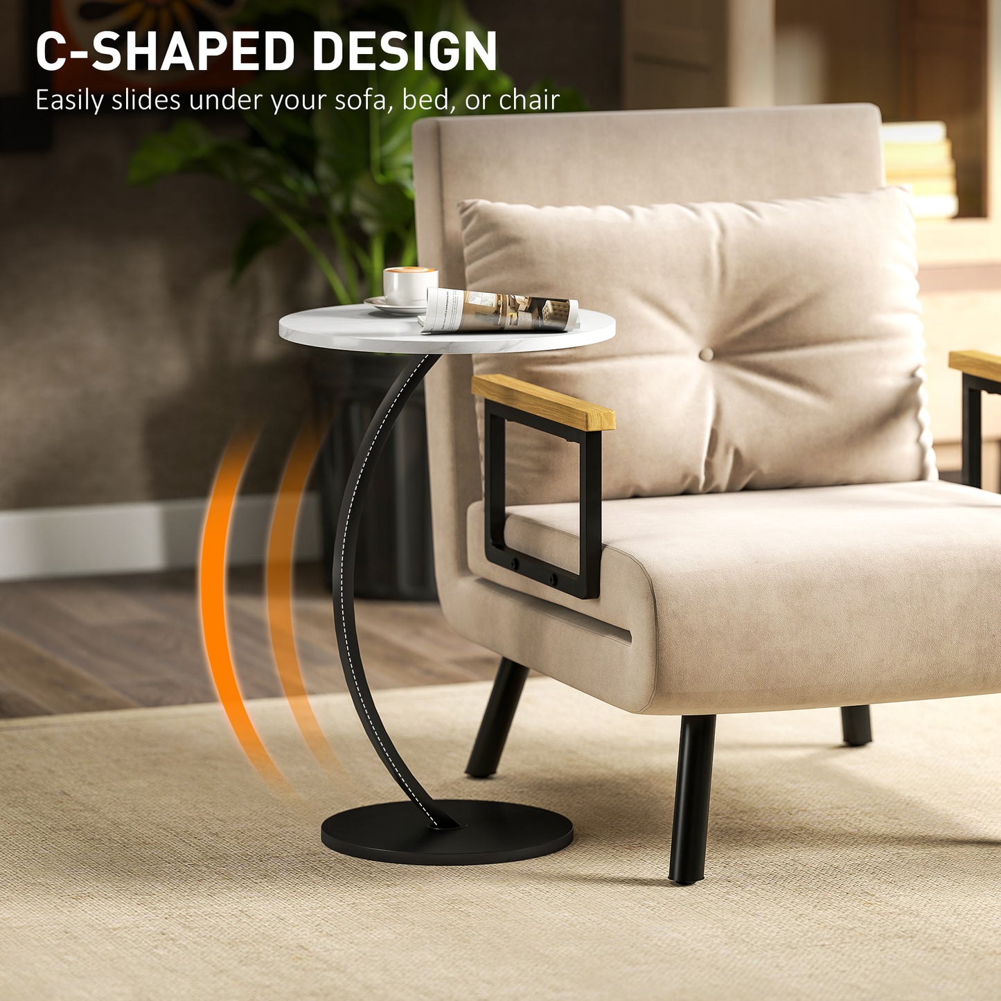 C Shaped Side Table, Round Bedside Table with Marble Effect Top, Modern Coffee Table Sofa End Table, White