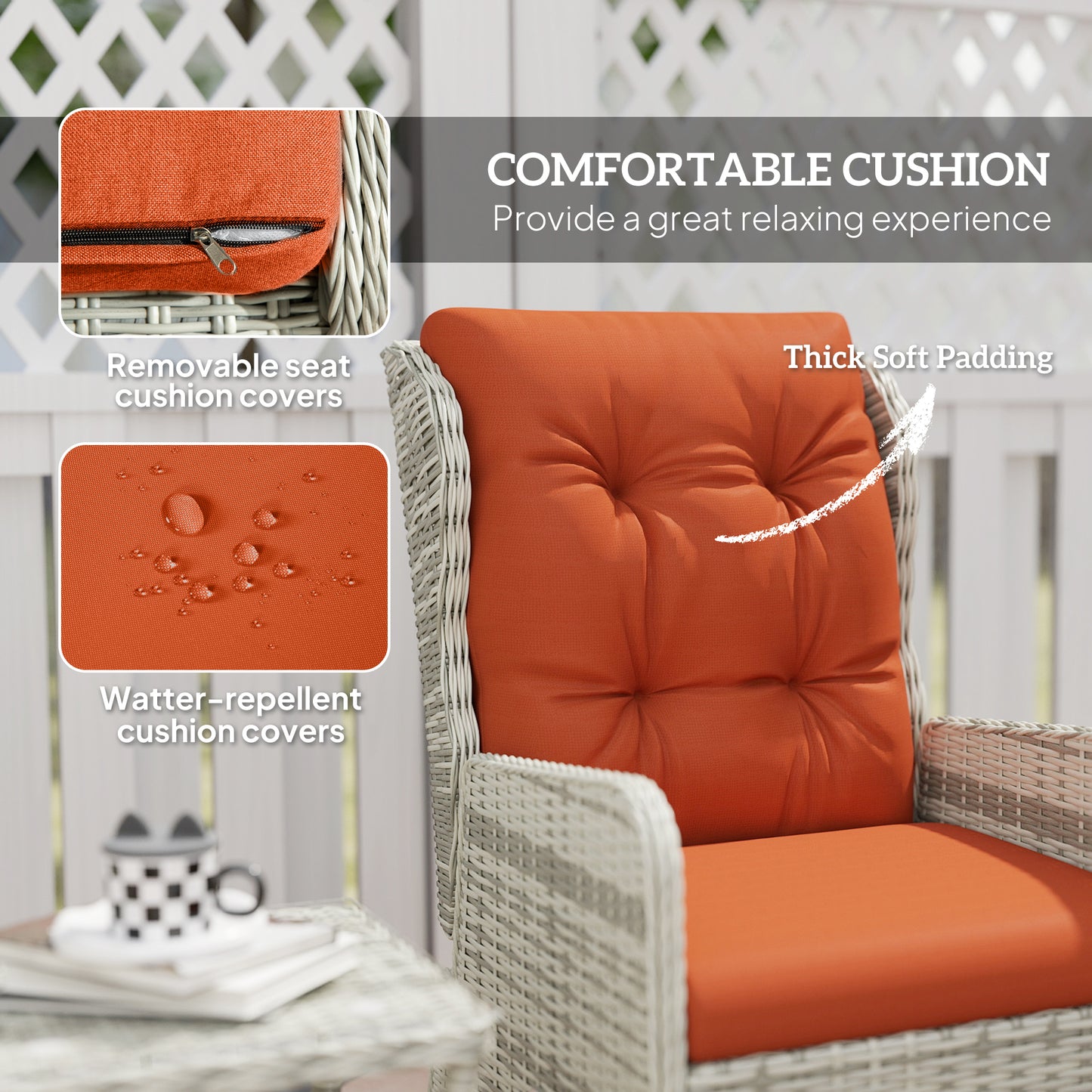 Outsunny 5 Pieces Rattan Bistro Set with Adjustable Back, Reclining Wicker Balcony Furniture with Cushions, Glass Top Coffee Table, Orange