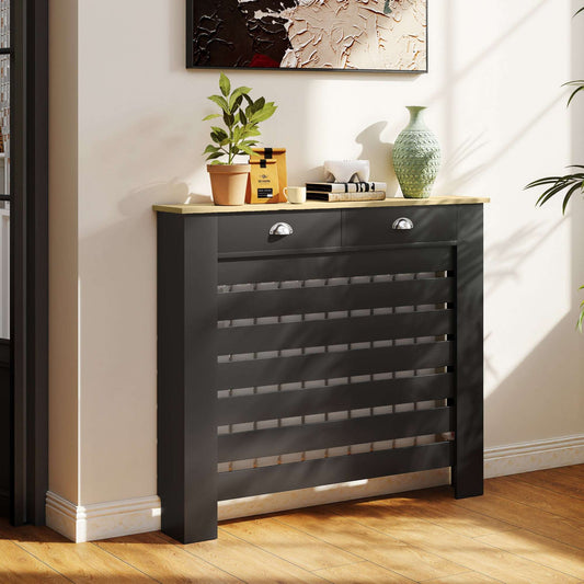MDF & Particle Board Radiator Cover with 2 Drawers | Slatted Design | Skirting Board Cut-Outs | Easy-Fix Clips | Wood-Effect Top | 5kg Per Drawer | 111x19x95.5cm | Black