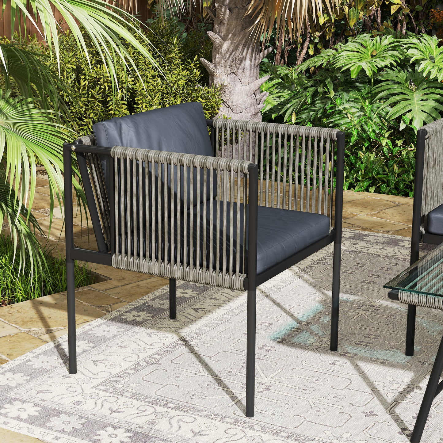 4 Piece Rattan Garden Furniture Set, 4 Seater Wicker Outdoor Furniture Set with 2 Armchairs, Loveseat, Glass Top Coffee Table, Grey