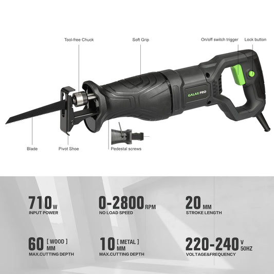 GALAX PRO Reciprocating Saw 710W Powerful Motor 3000SPM Electric Saber Saw 115Mm Max Cut Depth Carpenter Tools for Metal PVC