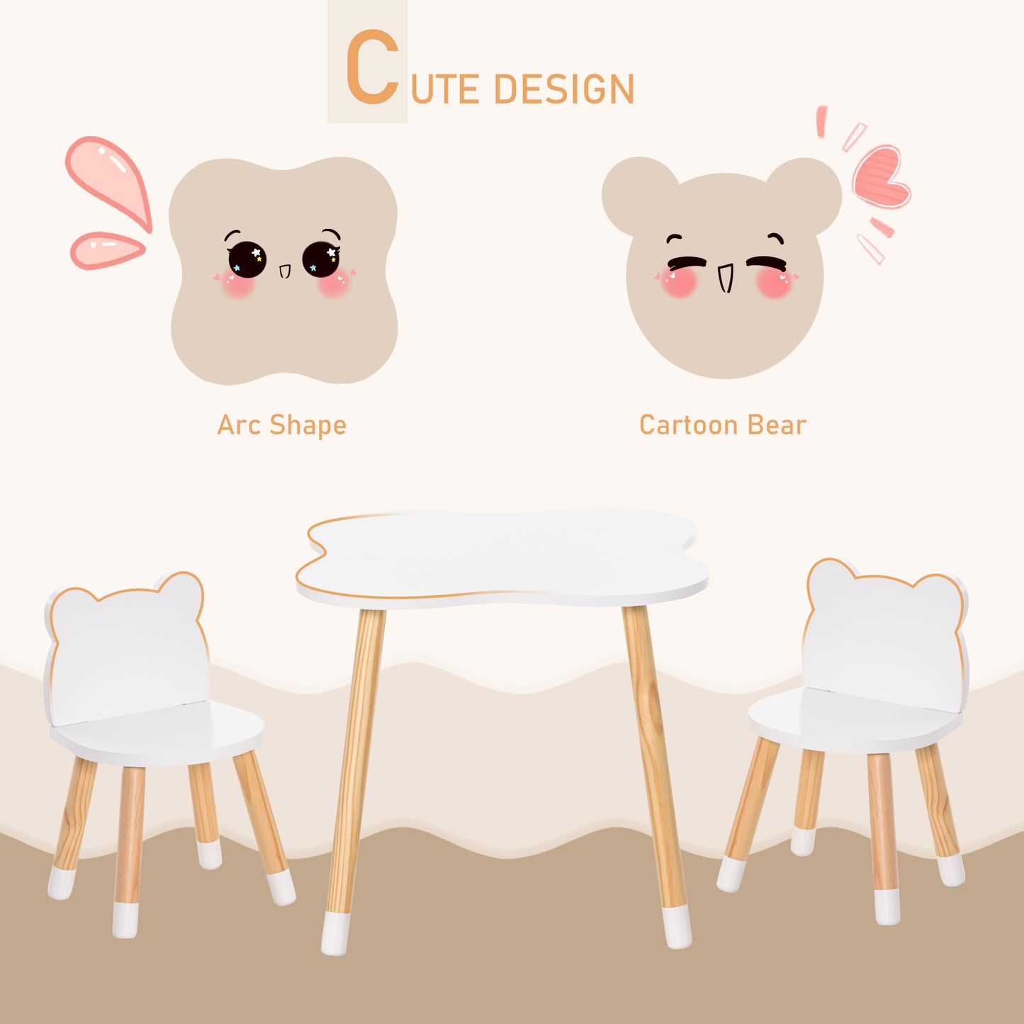 3 Piece Kids Table and Chair Set with 2 Bear-shaped Chairs, White