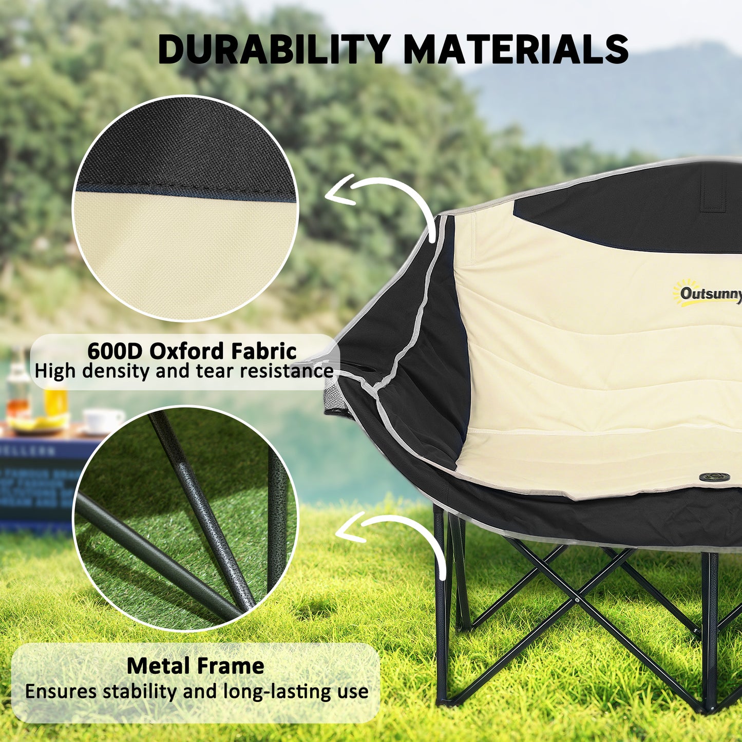Double Camping Chair for Adults, Oversized Heavy Duty Padded Folding Chair with Armrests, Cup Holders and Carry Bag, 250kg Capacity