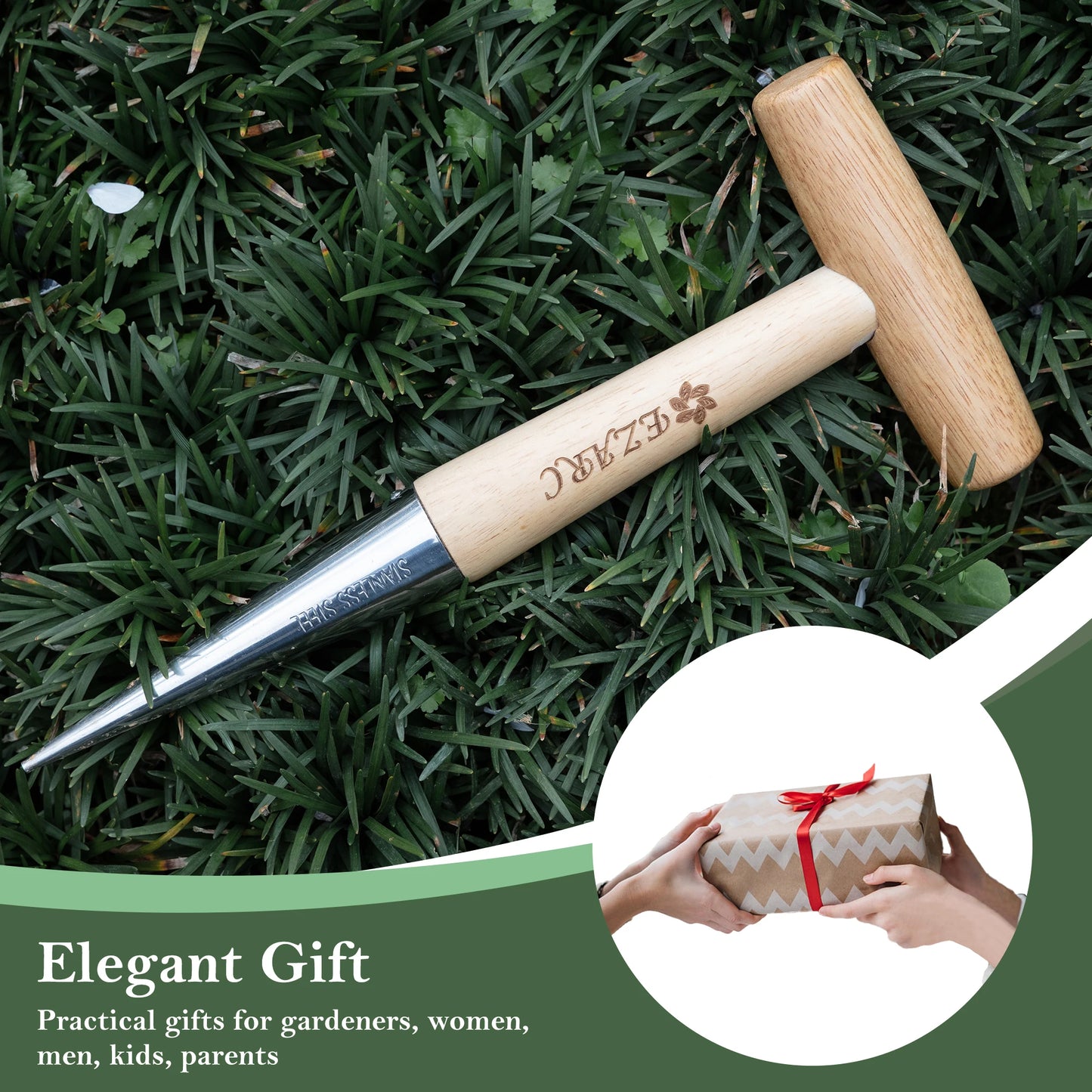 EZARC Garden Hole Punch Dibber for Planting Seeds 10.5-Inch Stainless Steel Hand Sow Dibber with Wooden Handle