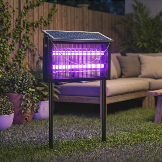 Solar Bug Zapper Outdoor | 3500V Electric Grid | UVA LED | Dusk-to-Dawn Auto | Solar & USB Charging | 80-100m² Coverage | Stake, Hang or Table | 4.3m Cord | 45x18x90cm | Black