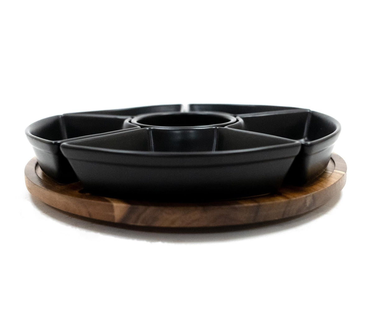 Maison & White Acacia Rotating Dip Set | 6 Ceramic Bowls | 360° Lazy Susan | 30.5cm Diameter | Acacia & Stoneware | Hand Wash | Fragile | 2-Year Warranty