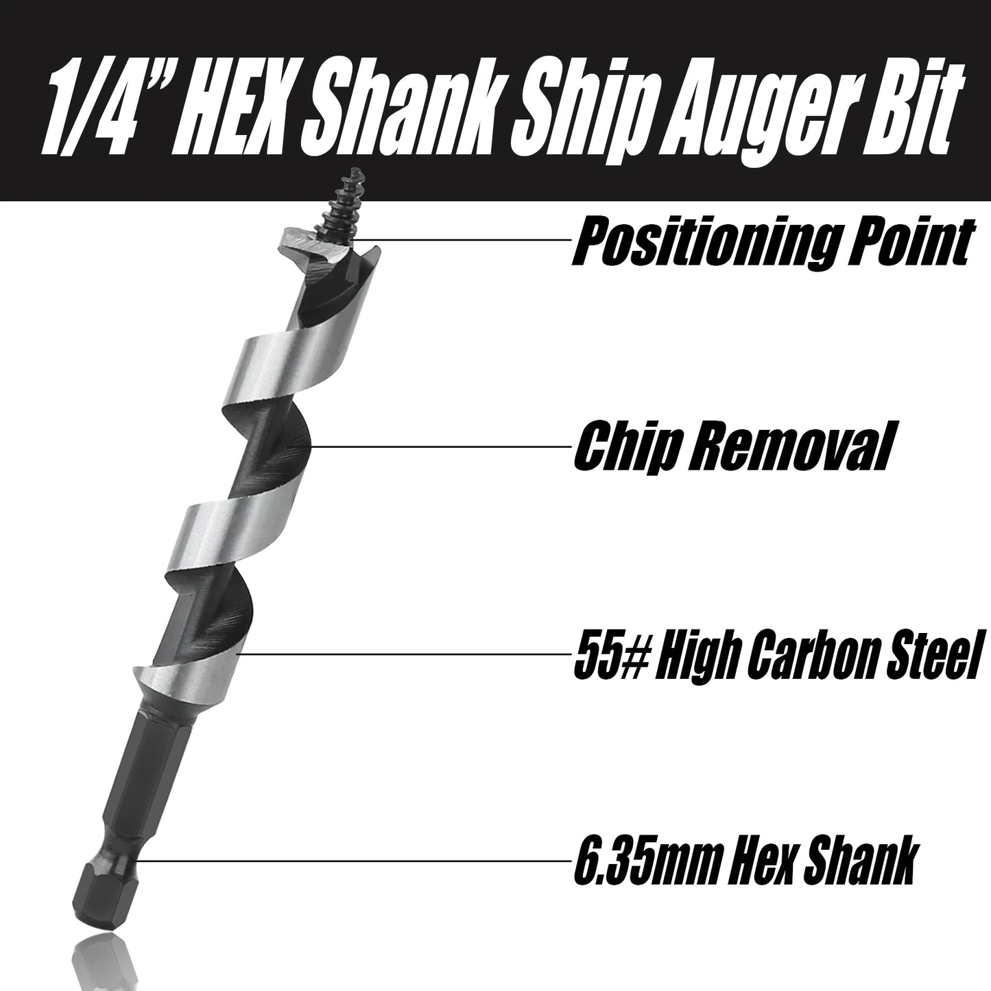 Wood Drill Bit Set with 5/6/8/10/12mm Ship Auger Design, 1/4'' Quick Change Shank, HCS for Soft & Hard Wood