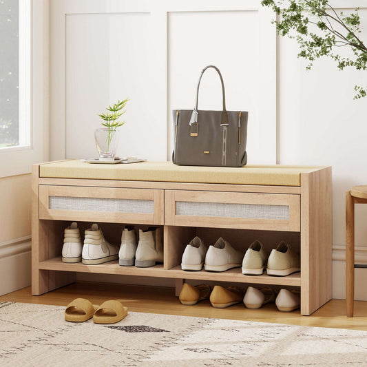 Boho Hallway Shoe Bench | 2 PE Rattan Drawers | Open Shelf | 5cm Foam Padded Seat for 2 | MDF Frame | 180kg Capacity | 105x35x50cm | Oak Wood Effect