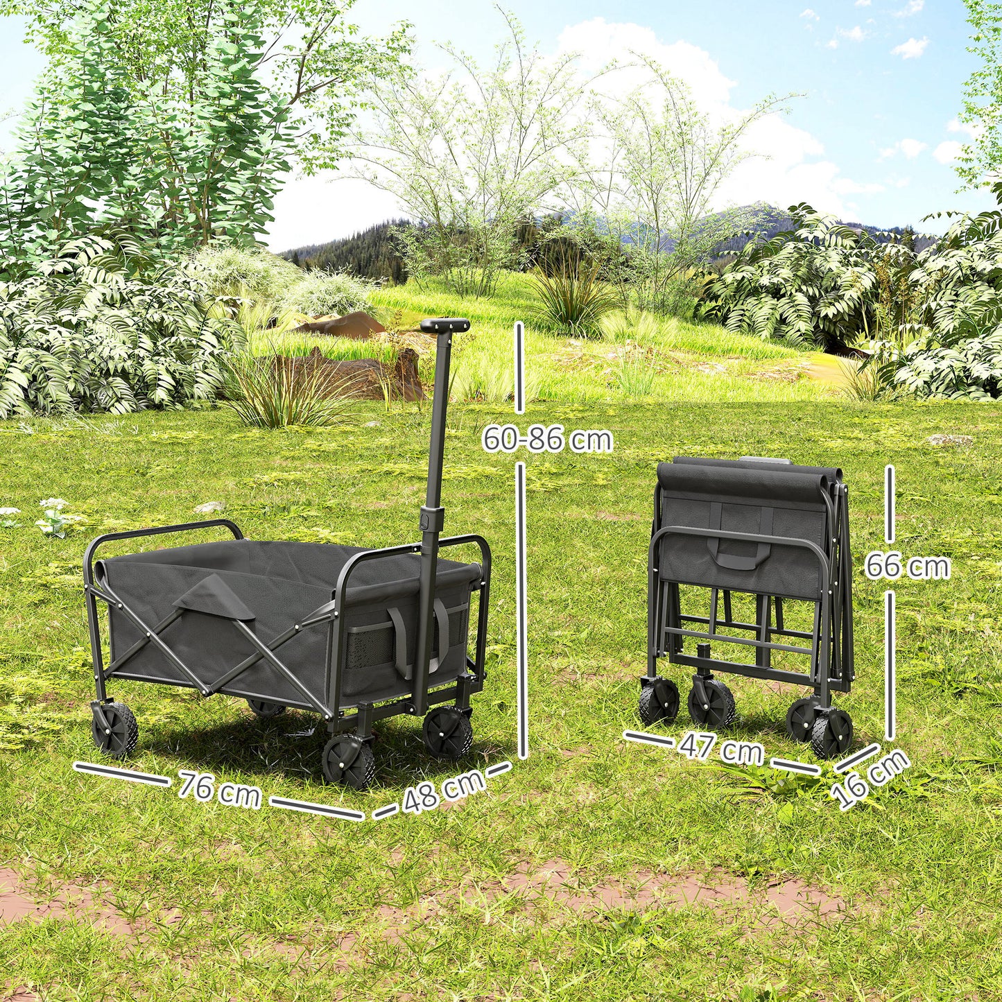 62L Festival Trolley on Wheels, Garden Folding Trolley Cart, 120kg Heavy Duty Collapsible Folding Wagon W/ Adjustable Handle and Carrying Bag for Beach, Camping, Festival