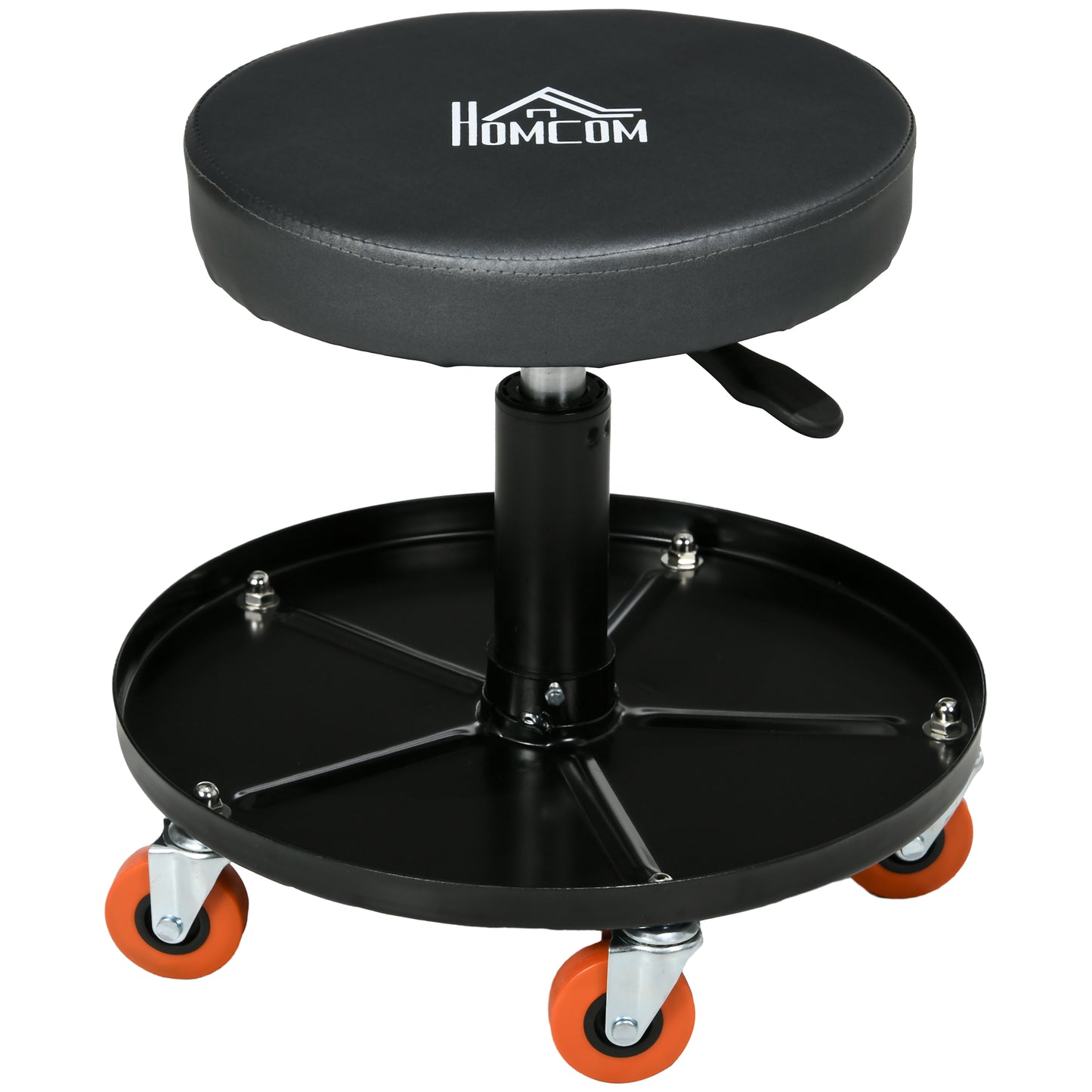 Workshop Stool Pneumatic Adjustable Height, Rolling Mechanic Stool W/ 360 Degree Swivel Padded Seat and Tool Tray, Garage, Workshop, Auto Repair