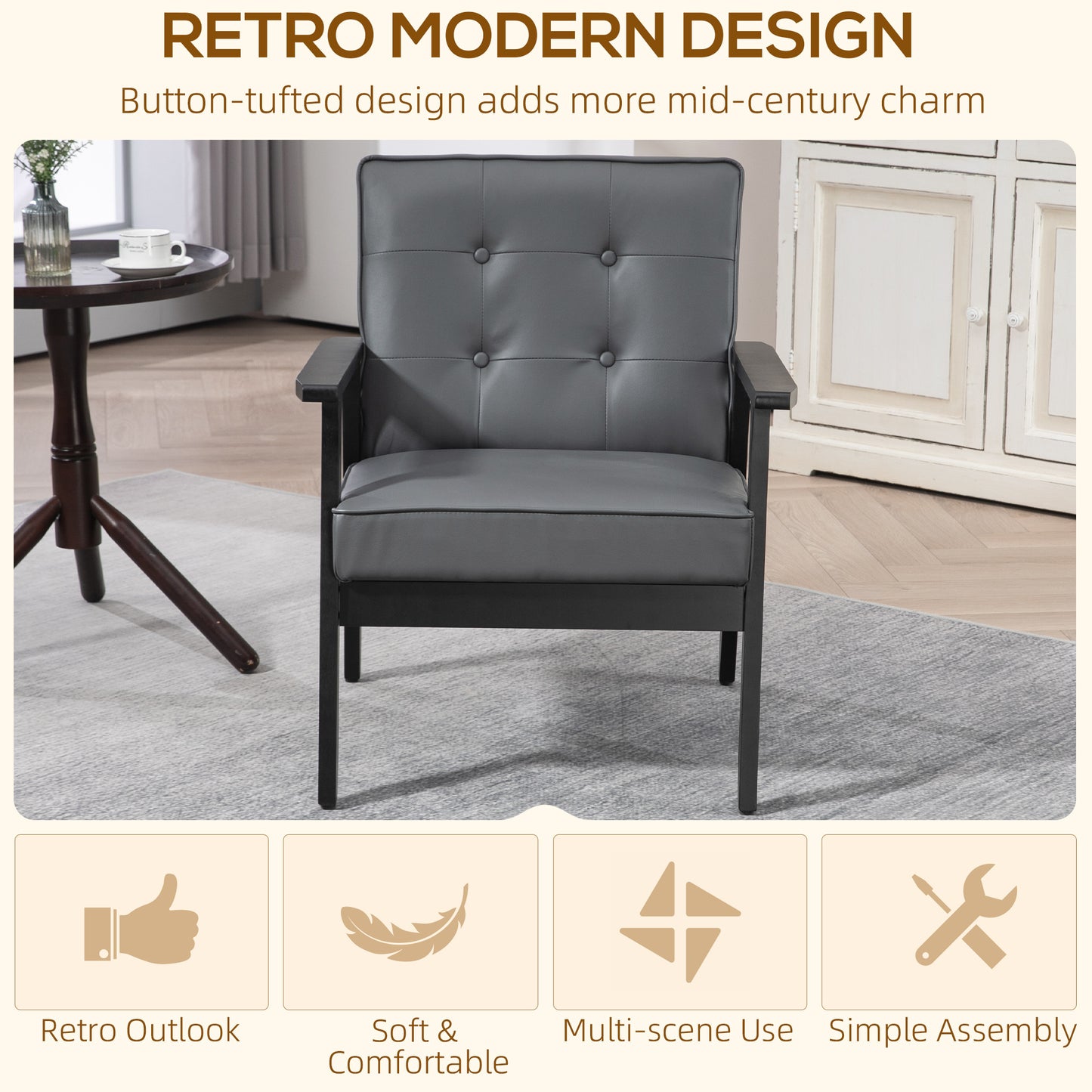 2 Pieces Armchairs, PU Leather Accent Chairs, Occasional Chairs with Beech Wood Frame for Living Room, Reception, Bedroom, Balcony, Grey