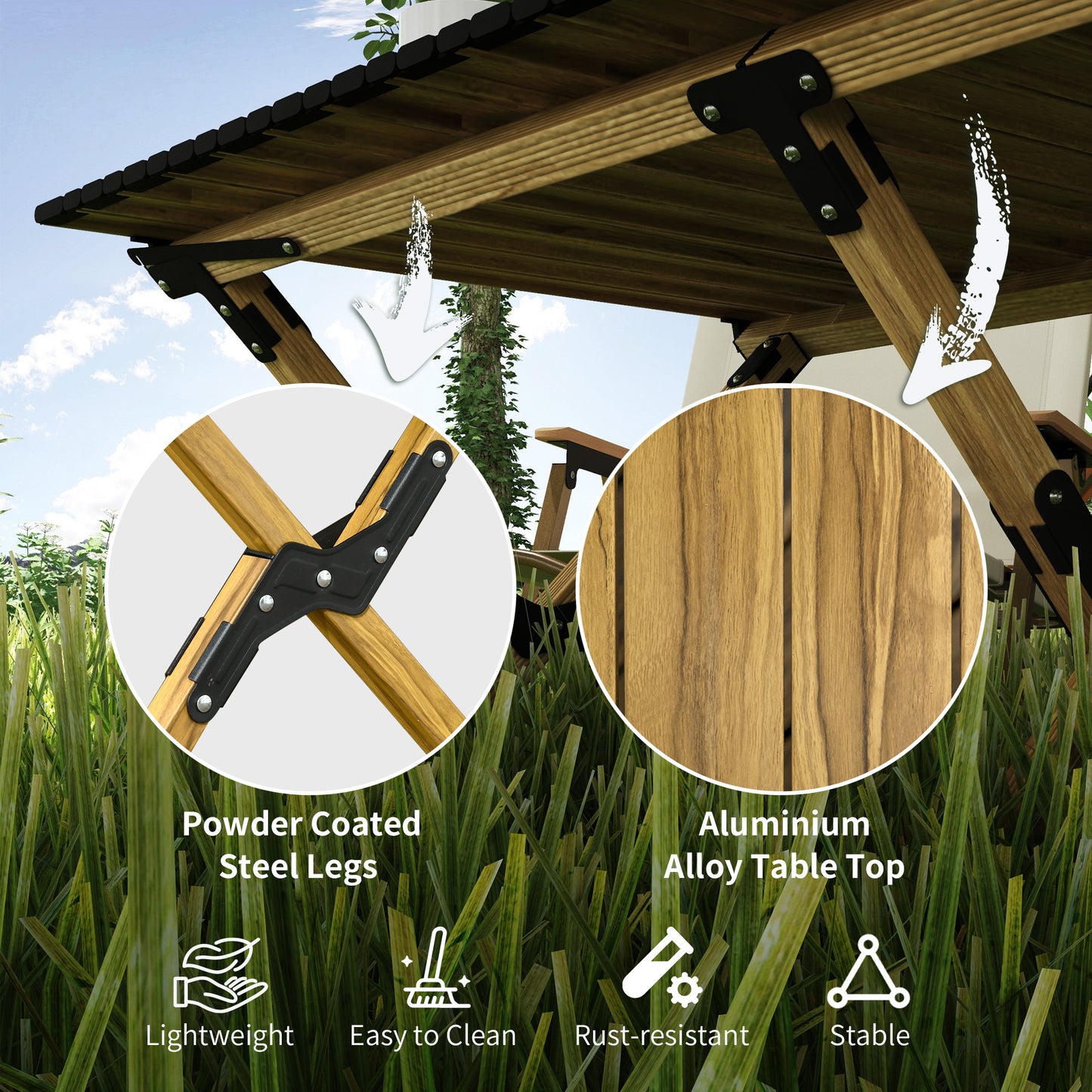 Outsunny Portable Camping Table, Aluminium Folding Table with Roll-Up Top, Picnic Table for Indoor, Outdoor, Party, BBQ, Beach, Natural Wood Effect