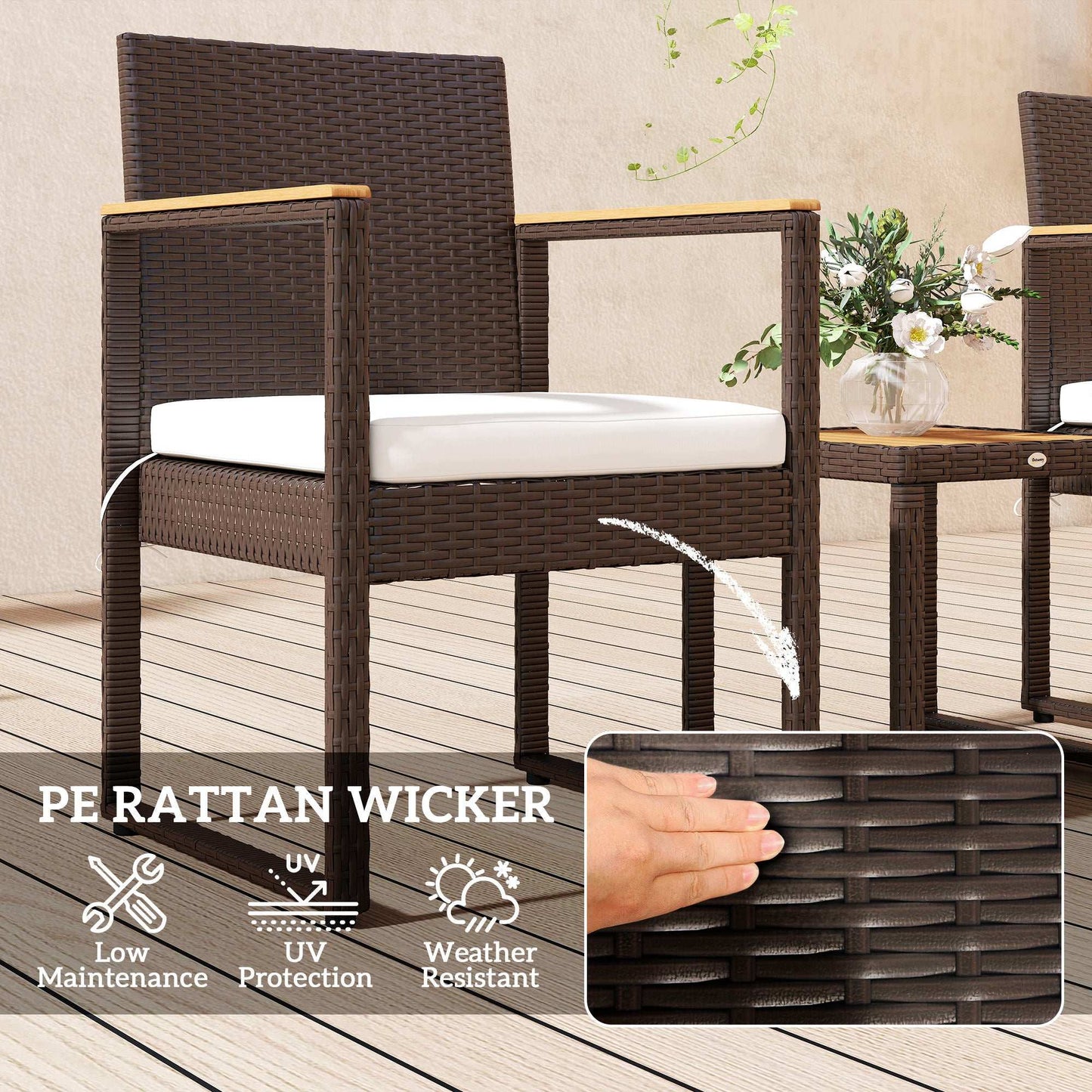 Outsunny Three-Piece Rattan Chair Set With Acadia Wood Table - Brown / Grey