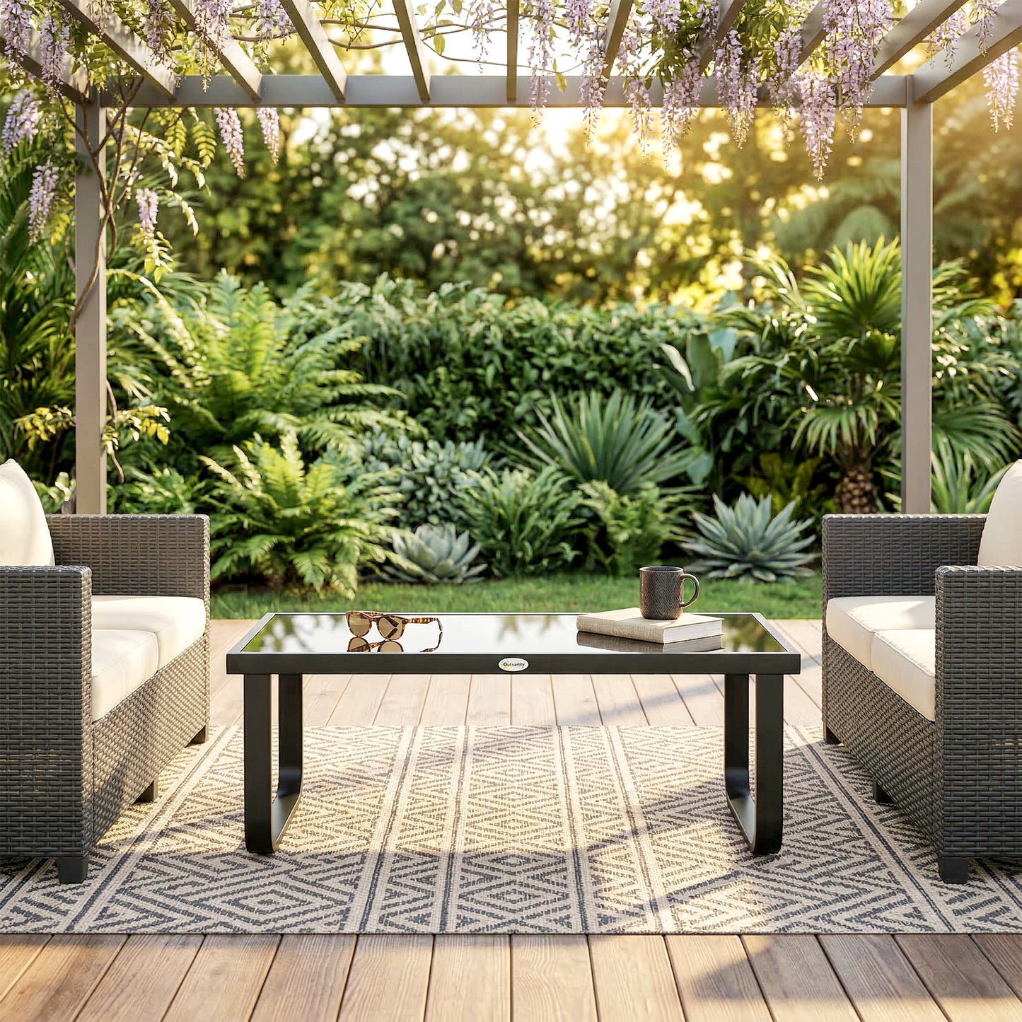 Rectangle Garden Coffee Table | Tempered Glass Top | Unique Leg Design | Adjustable Feet | 30kg | Black