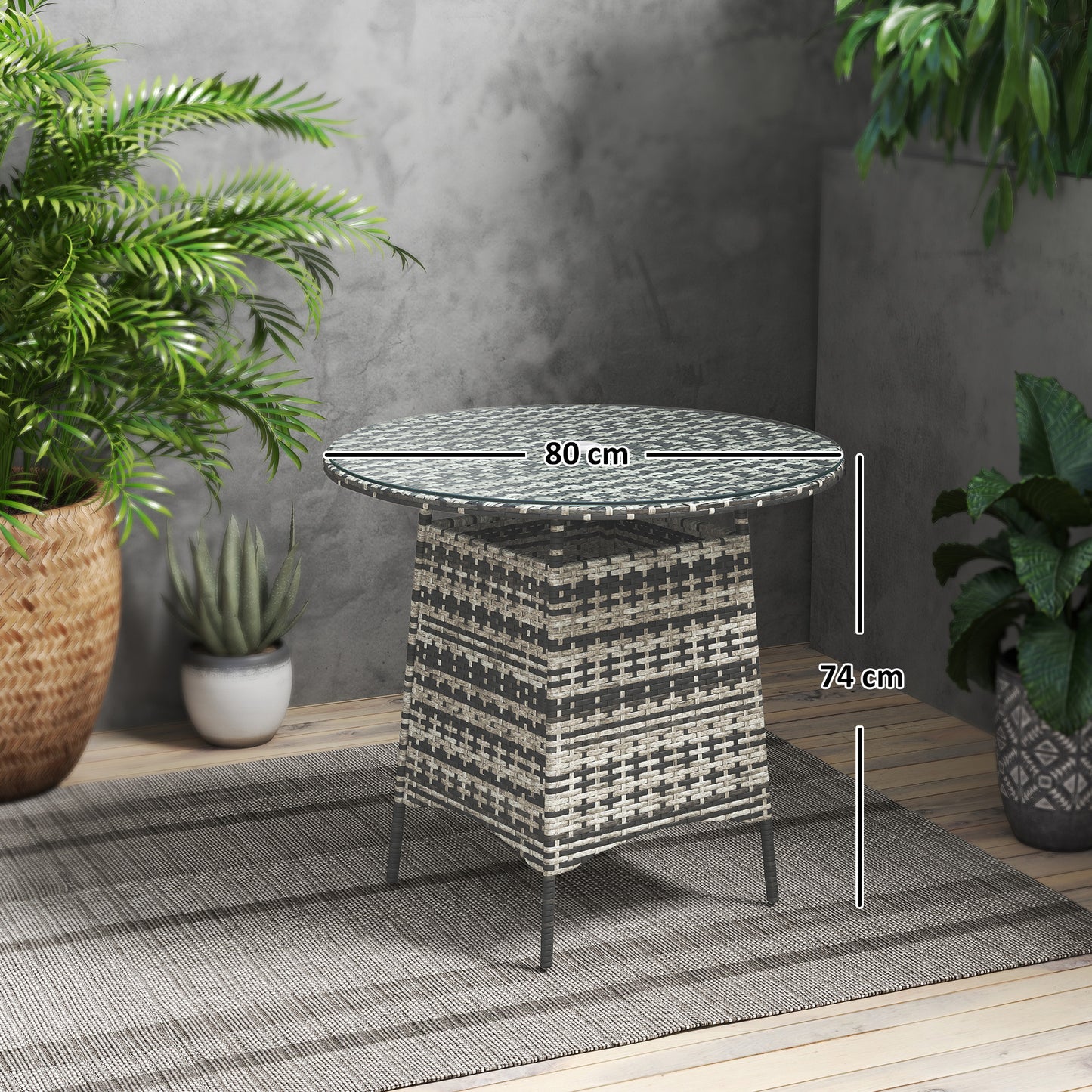 Outsunny Wicker Garden Rattan Table, Patio Furniture Outdoor Coffee Table with Umbrella Hole and Tempered Glass Top, Grey / Brown