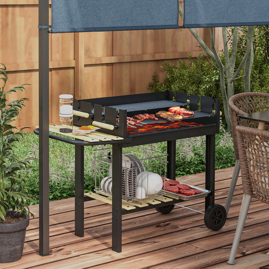 Charcoal BBQ Grill, Barbecue Trolley with Double Adjustable Grill, Side Table, Storage Shelf and Wheels for Outdoor Garden Party Cooking