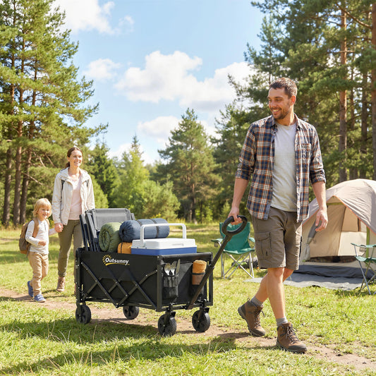 80L Foldable Festival Camping Trolley | Drop-Down Tailgate | Adjustable Handle | 2 Cup Holders | Storage Bags | Quick Release Wheels | 150kg | Black