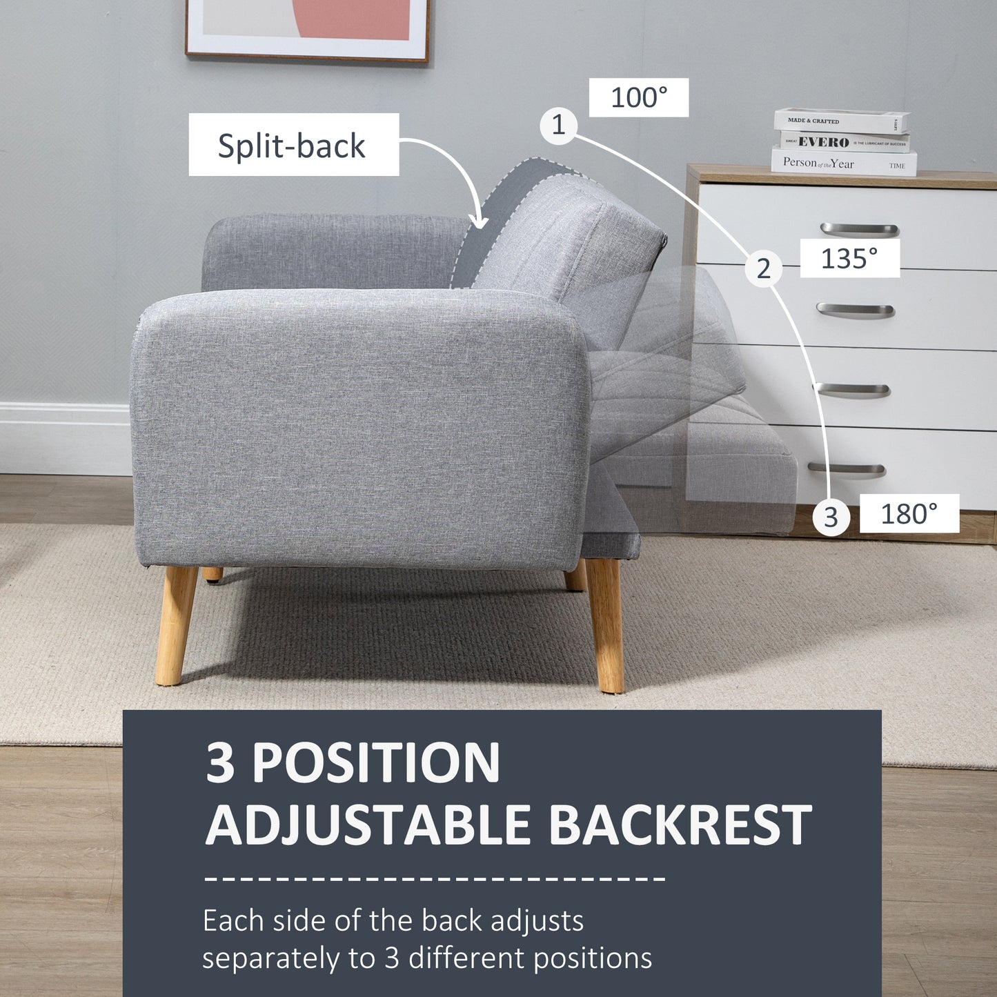 Two-Seater Sofa Bed, with Split Back - Light Grey