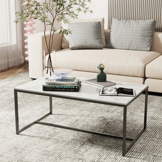 Natural Sintered Stone Sofa Centre Coffee Table With Black Metal Frame - Rectangular Furniture Decor Table for Living Room