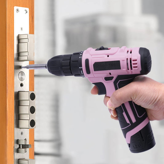 12 Volt Pink Electric 21 Piece Cordless Drill Set With Keyless Chuck & Battery For DIY Projects Drilling Wood / Metal