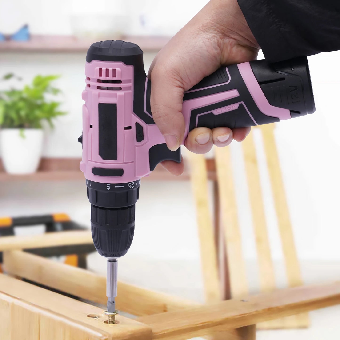 12 Volt Pink Electric 21 Piece Cordless Drill Set With Keyless Chuck & Battery For DIY Projects Drilling Wood / Metal