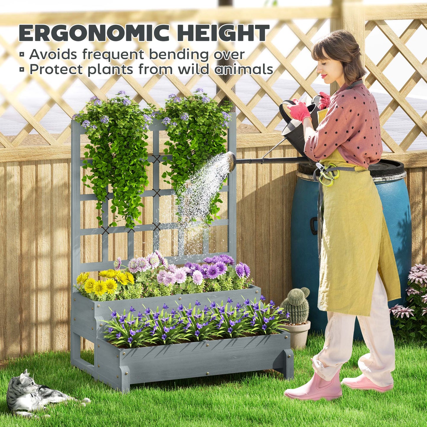2-Tier Raised Garden Bed with Trellis, Wooden Elevated Planter Box Outdoor Raised Planter for Climbing Plants, Fruits, Vegetables, Flowers, Grey