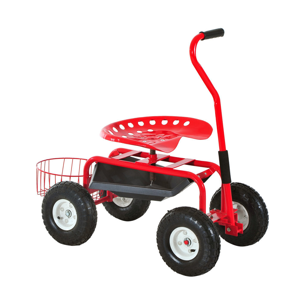 Adjustable Rolling Garden Cart Outdoor Garden Planting Station Trolley Swivel Gardener Work Seat Heavy Duty W/ Tool Tray & Basket Red 150kg