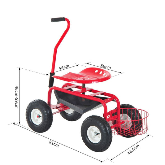 Adjustable Rolling Garden Cart Outdoor Garden Planting Station Trolley Swivel Gardener Work Seat Heavy Duty W/ Tool Tray & Basket Red 150kg