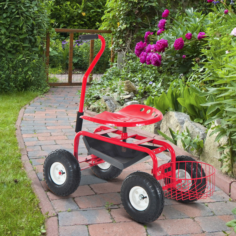 Adjustable Rolling Garden Cart Outdoor Garden Planting Station Trolley Swivel Gardener Work Seat Heavy Duty W/ Tool Tray & Basket Red 150kg