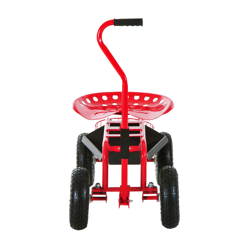 Adjustable Rolling Garden Cart Outdoor Garden Planting Station Trolley Swivel Gardener Work Seat Heavy Duty W/ Tool Tray & Basket Red 150kg