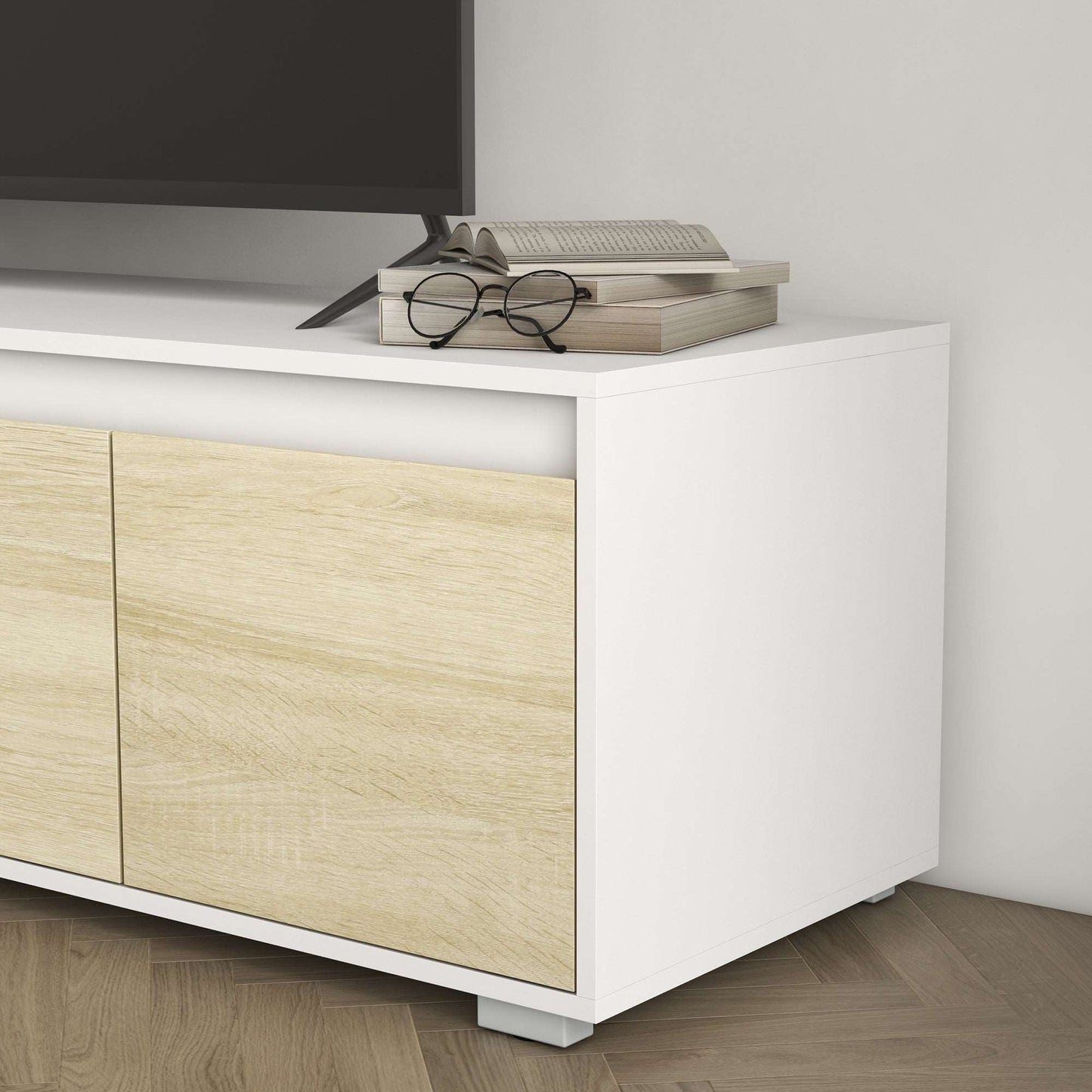 2 Pieces TV Unit Set with Wall Cabinet, Freestanding Unit for 70-inch TVs, Wall Mounted Storage Cupboard, with Adjustable shelves