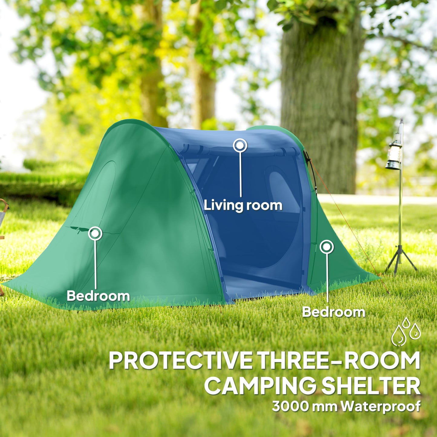 3 Man Camping Tent with Living Area and 2 Bedrooms, 3000mm Waterproof Family Tent with Sewn-in Groundsheet for Hiking, Festival, Backpacking