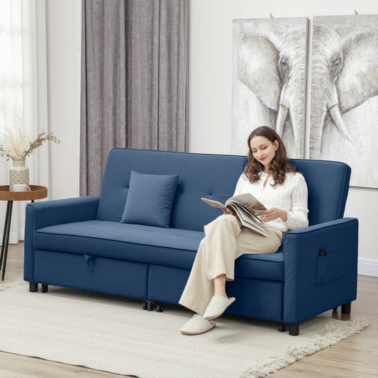 Three-Person Velvet-Feel Sofa Bed - Blue