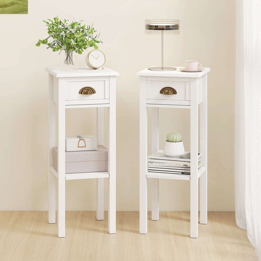 Set of 2 Side Tables | Drawer & Open Shelf | Slim 30x30x75cm | Anti-Tip | Elevated Base | MDF | White